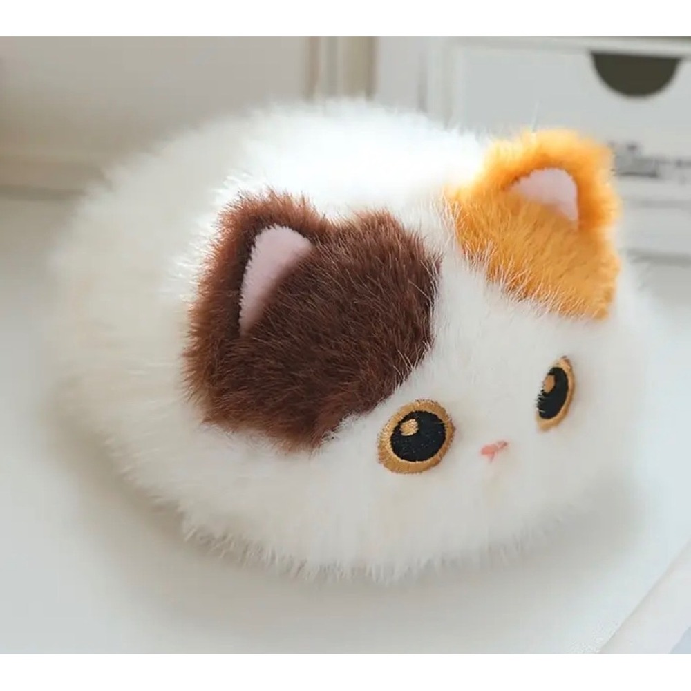 Calico Cat Plush 8in White Brown Orange Fluffy Round Kawaii Loaf
